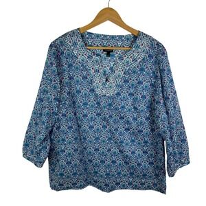 Talbots Floral‎ Paisley Tunic Top Large Blue Lightweight Cotton Resort Beachy